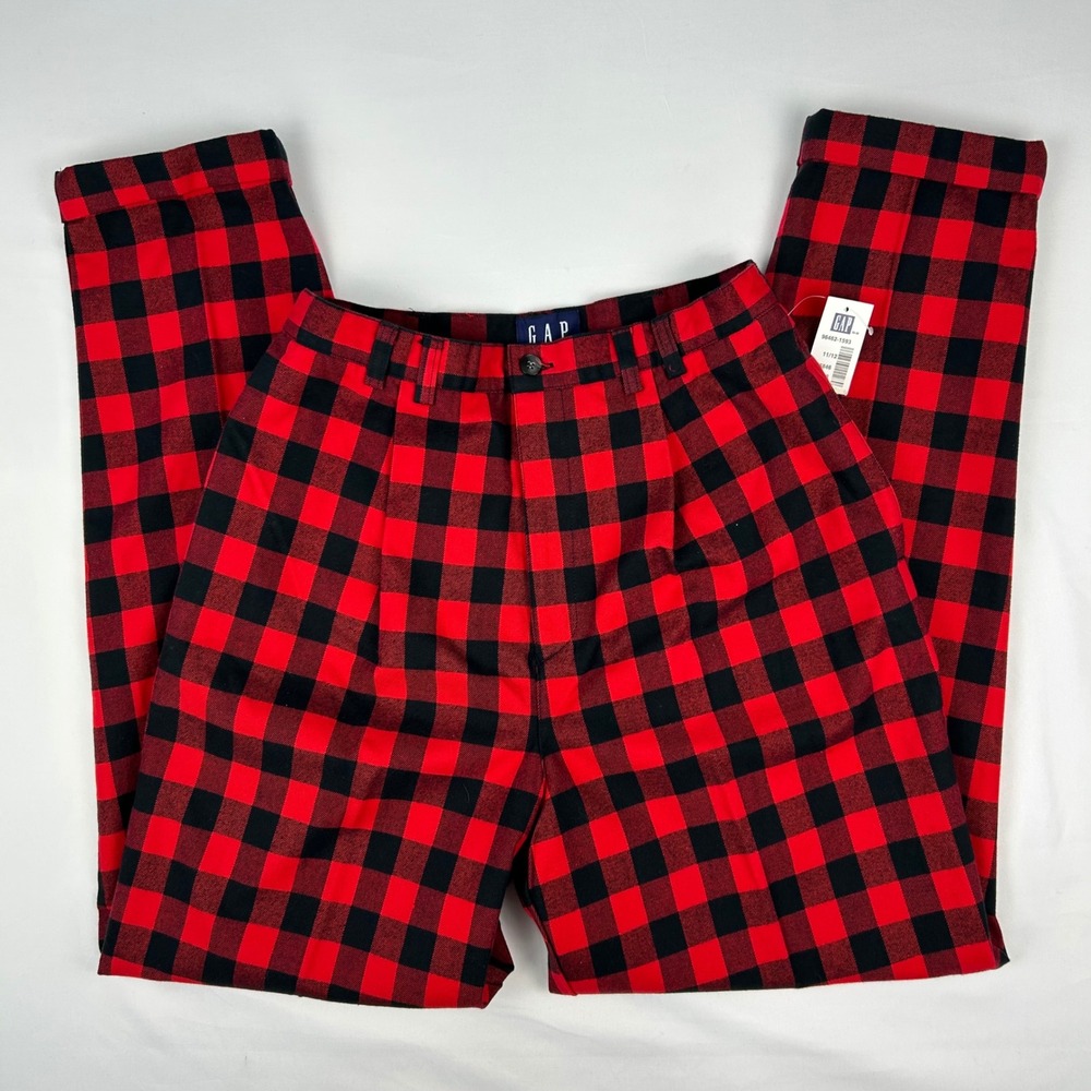 Gap Vintage Red Black Buffalo Plaid High Waist Pleated Cotton Pants NWT 11/12